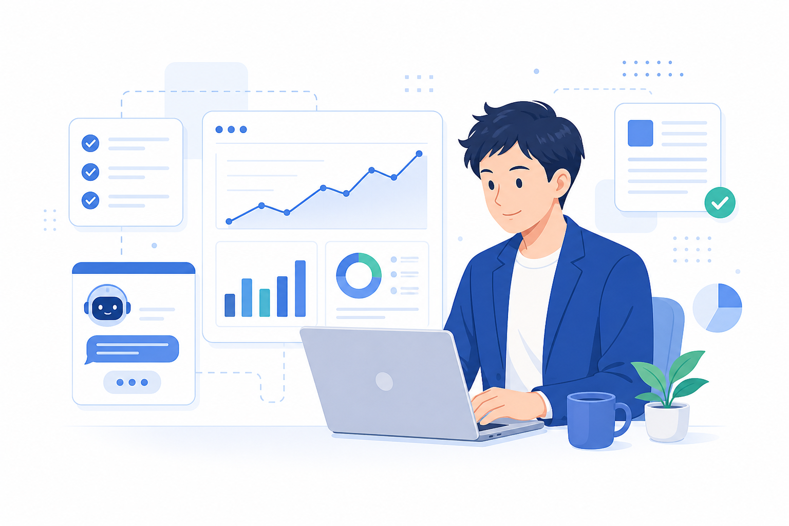 AIを活用した業務画面と作業する人物のイラスト